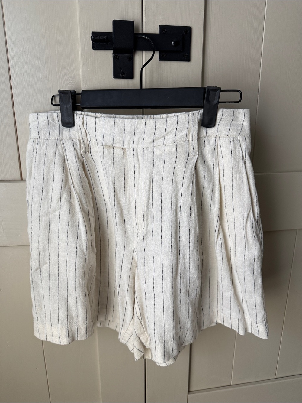 Cream Striped Linen-Blend Shorts